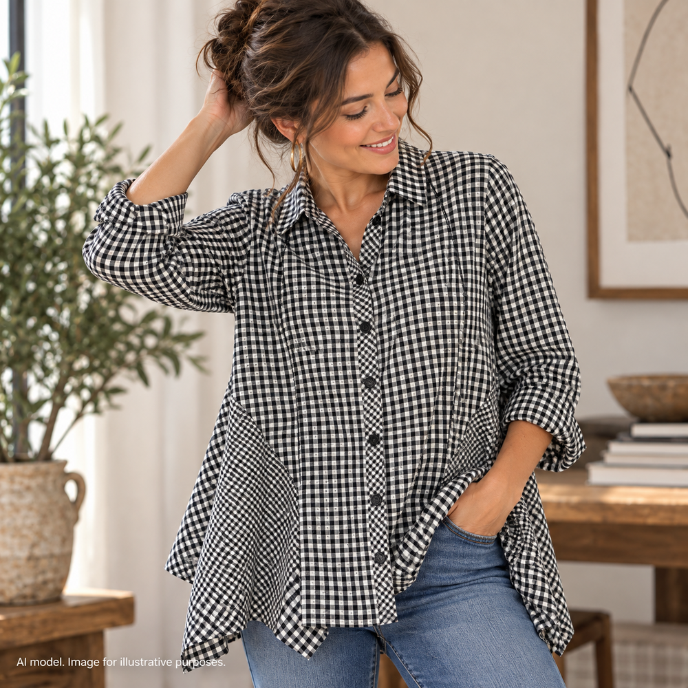 Habitat Shirt Top Women S Black Gingham Oversized Embroidered Handkerchief Hem